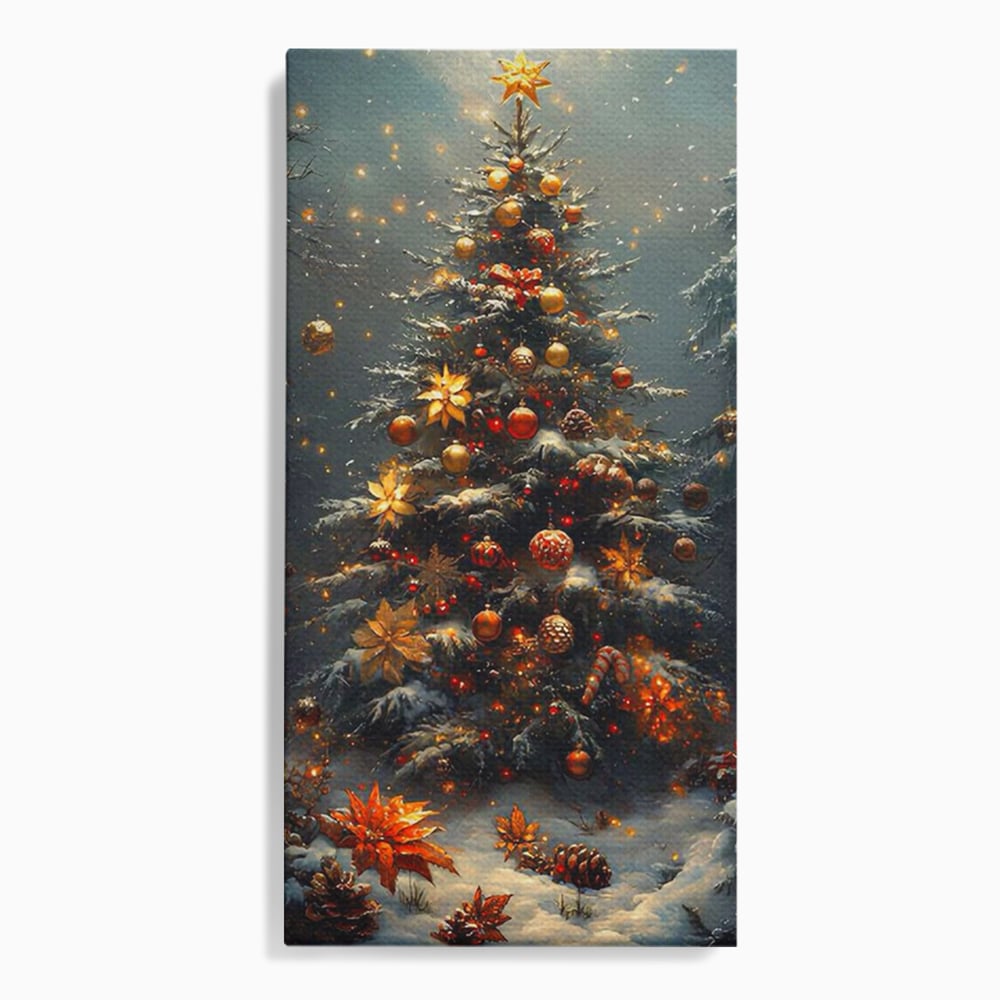 Tablou Canvas Premium, LuxCanva® D1132, Bradul Fermecat, Brad, Craciun, Luminite, Auriu, Decorat, Impodobit, Padure, Seara, Iarna, Festiv, Ninsoare, Living, Dormitor