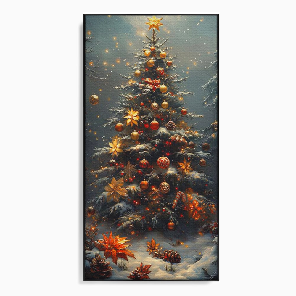 Tablou Canvas Premium, LuxCanva® D1132, Bradul Fermecat, Brad, Craciun, Luminite, Auriu, Decorat, Impodobit, Padure, Seara, Iarna, Festiv, Ninsoare, Living, Dormitor