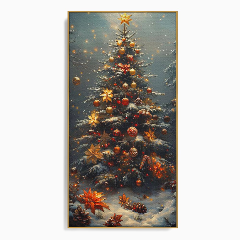 Tablou Canvas Premium, LuxCanva® D1132, Bradul Fermecat, Brad, Craciun, Luminite, Auriu, Decorat, Impodobit, Padure, Seara, Iarna, Festiv, Ninsoare, Living, Dormitor