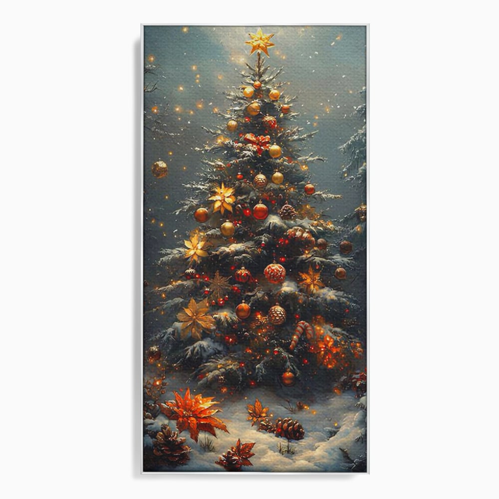 Tablou Canvas Premium, LuxCanva® D1132, Bradul Fermecat, Brad, Craciun, Luminite, Auriu, Decorat, Impodobit, Padure, Seara, Iarna, Festiv, Ninsoare, Living, Dormitor