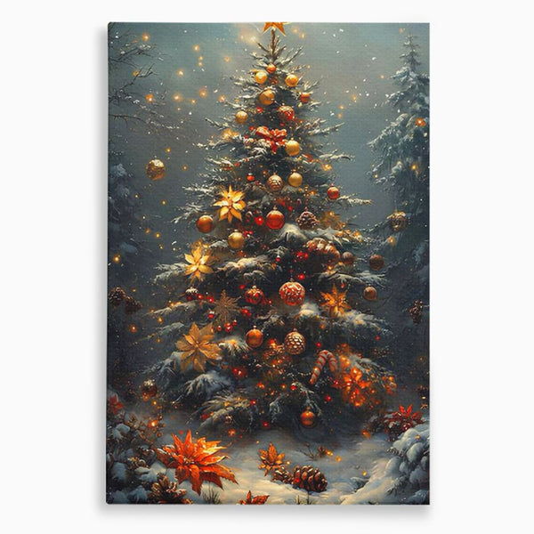 Tablou Canvas Premium, LuxCanva® D1132, Bradul Fermecat, Brad, Craciun, Luminite, Auriu, Decorat, Impodobit, Padure, Seara, Iarna, Festiv, Ninsoare, Living, Dormitor