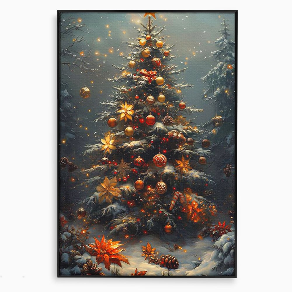 Tablou Canvas Premium, LuxCanva® D1132, Bradul Fermecat, Brad, Craciun, Luminite, Auriu, Decorat, Impodobit, Padure, Seara, Iarna, Festiv, Ninsoare, Living, Dormitor