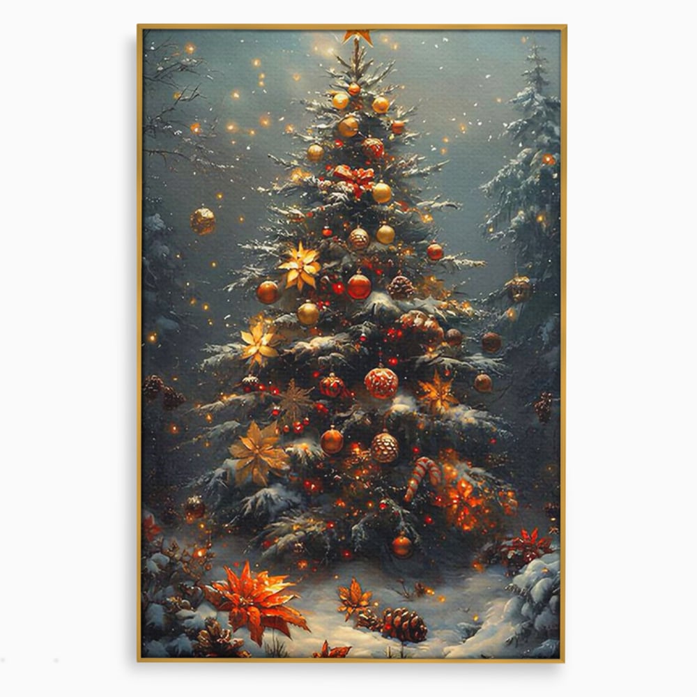 Tablou Canvas Premium, LuxCanva® D1132, Bradul Fermecat, Brad, Craciun, Luminite, Auriu, Decorat, Impodobit, Padure, Seara, Iarna, Festiv, Ninsoare, Living, Dormitor