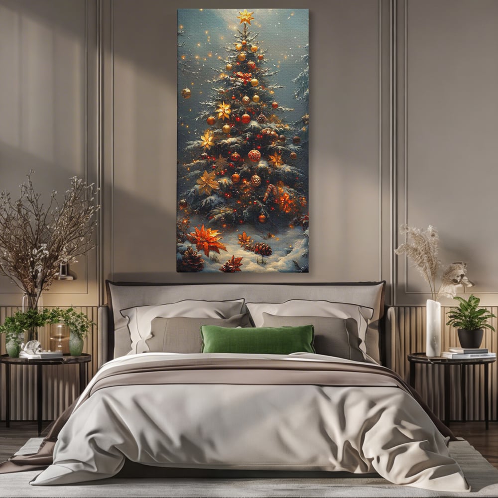 Tablou Canvas Premium, LuxCanva® D1132, Bradul Fermecat, Brad, Craciun, Luminite, Auriu, Decorat, Impodobit, Padure, Seara, Iarna, Festiv, Ninsoare, Living, Dormitor