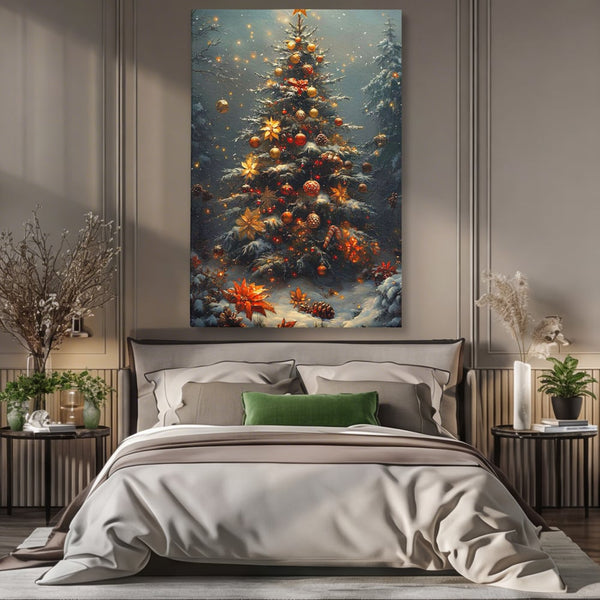 Tablou Canvas Premium, LuxCanva® D1132, Bradul Fermecat, Brad, Craciun, Luminite, Auriu, Decorat, Impodobit, Padure, Seara, Iarna, Festiv, Ninsoare, Living, Dormitor