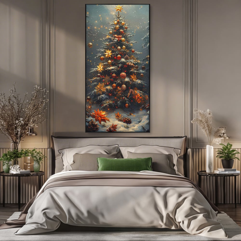 Tablou Canvas Premium, LuxCanva® D1132, Bradul Fermecat, Brad, Craciun, Luminite, Auriu, Decorat, Impodobit, Padure, Seara, Iarna, Festiv, Ninsoare, Living, Dormitor