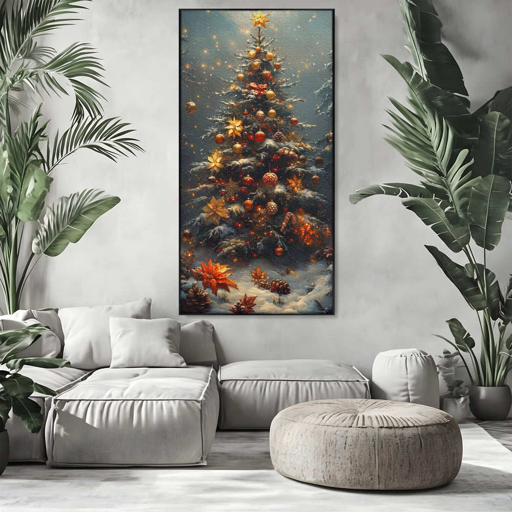 Tablou Canvas Premium, LuxCanva® D1132, Bradul Fermecat, Brad, Craciun, Luminite, Auriu, Decorat, Impodobit, Padure, Seara, Iarna, Festiv, Ninsoare, Living, Dormitor