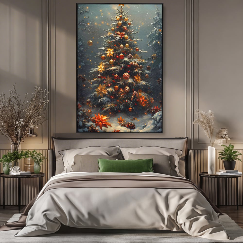 Tablou Canvas Premium, LuxCanva® D1132, Bradul Fermecat, Brad, Craciun, Luminite, Auriu, Decorat, Impodobit, Padure, Seara, Iarna, Festiv, Ninsoare, Living, Dormitor