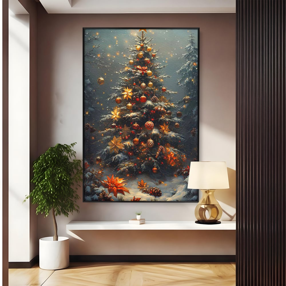 Tablou Canvas Premium, LuxCanva® D1132, Bradul Fermecat, Brad, Craciun, Luminite, Auriu, Decorat, Impodobit, Padure, Seara, Iarna, Festiv, Ninsoare, Living, Dormitor