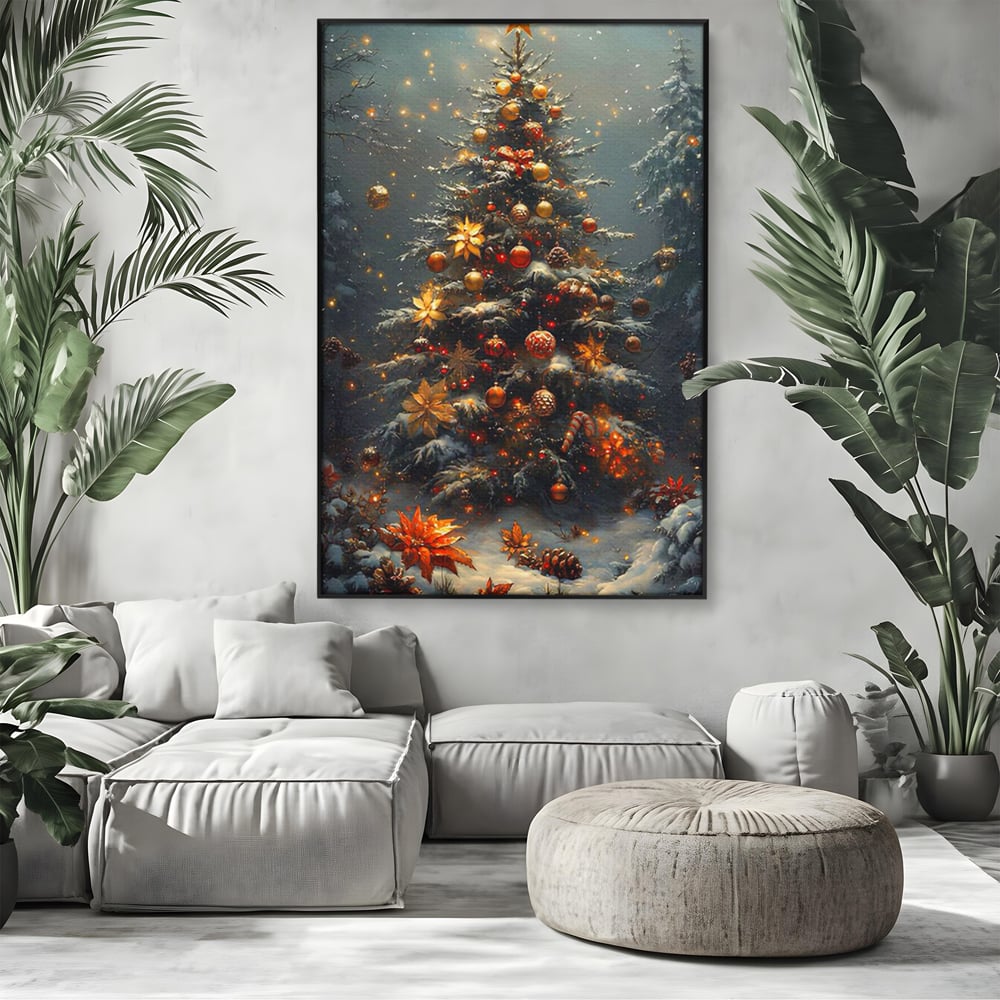 Tablou Canvas Premium, LuxCanva® D1132, Bradul Fermecat, Brad, Craciun, Luminite, Auriu, Decorat, Impodobit, Padure, Seara, Iarna, Festiv, Ninsoare, Living, Dormitor