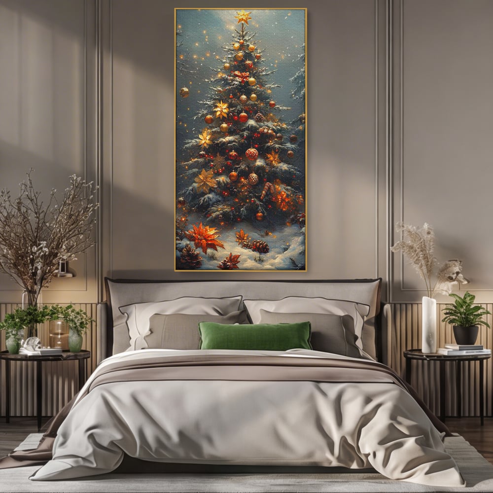 Tablou Canvas Premium, LuxCanva® D1132, Bradul Fermecat, Brad, Craciun, Luminite, Auriu, Decorat, Impodobit, Padure, Seara, Iarna, Festiv, Ninsoare, Living, Dormitor