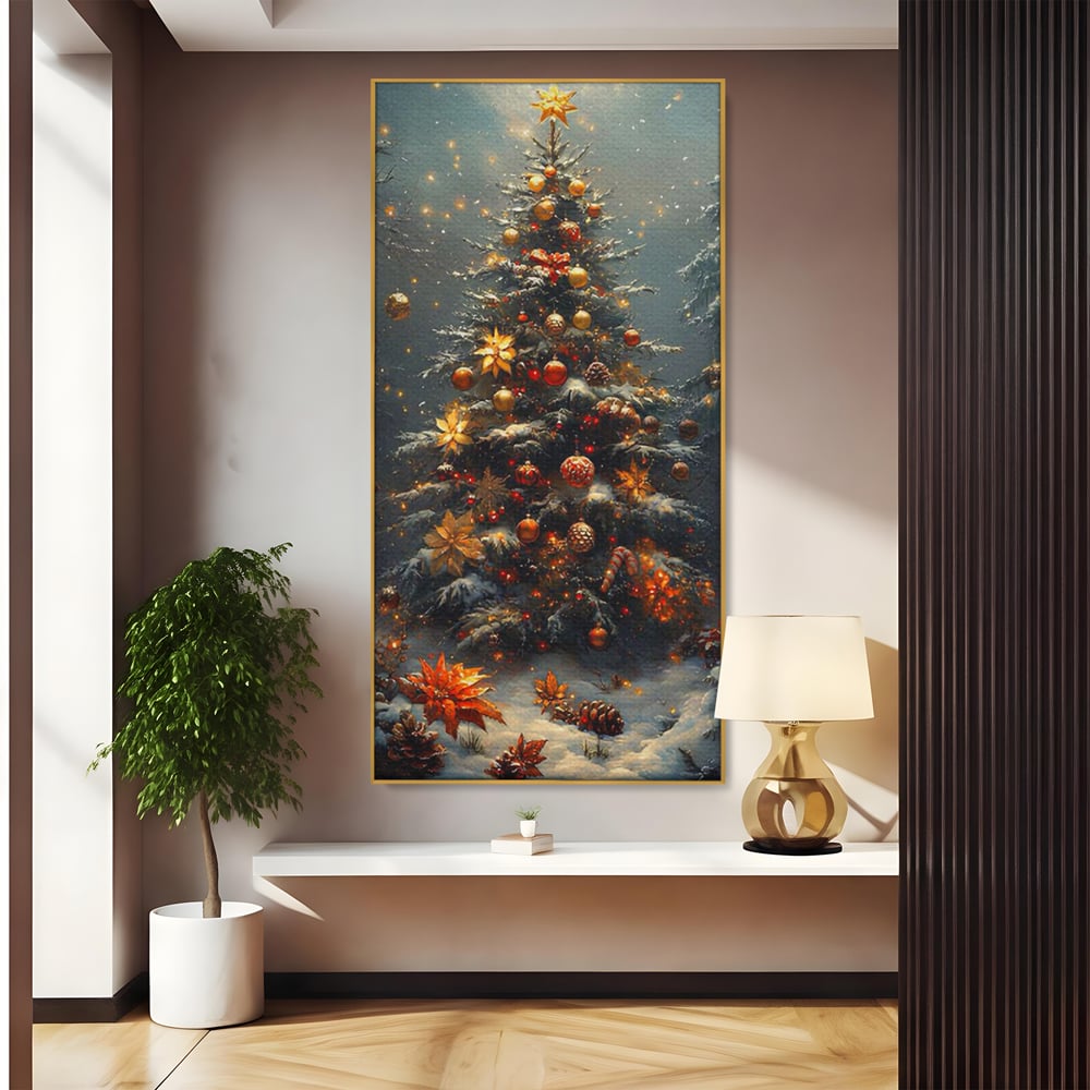 Tablou Canvas Premium, LuxCanva® D1132, Bradul Fermecat, Brad, Craciun, Luminite, Auriu, Decorat, Impodobit, Padure, Seara, Iarna, Festiv, Ninsoare, Living, Dormitor