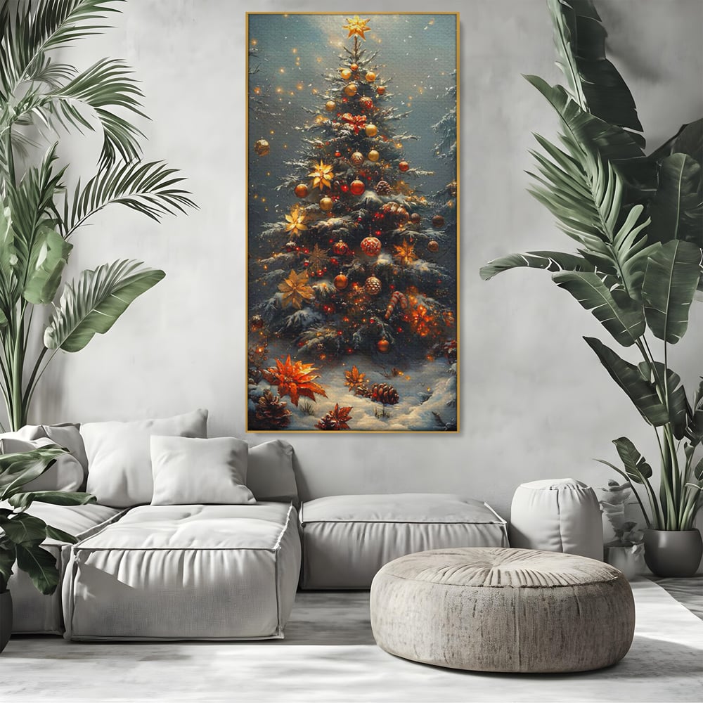 Tablou Canvas Premium, LuxCanva® D1132, Bradul Fermecat, Brad, Craciun, Luminite, Auriu, Decorat, Impodobit, Padure, Seara, Iarna, Festiv, Ninsoare, Living, Dormitor
