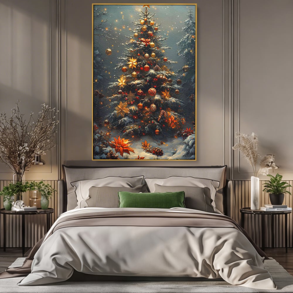 Tablou Canvas Premium, LuxCanva® D1132, Bradul Fermecat, Brad, Craciun, Luminite, Auriu, Decorat, Impodobit, Padure, Seara, Iarna, Festiv, Ninsoare, Living, Dormitor