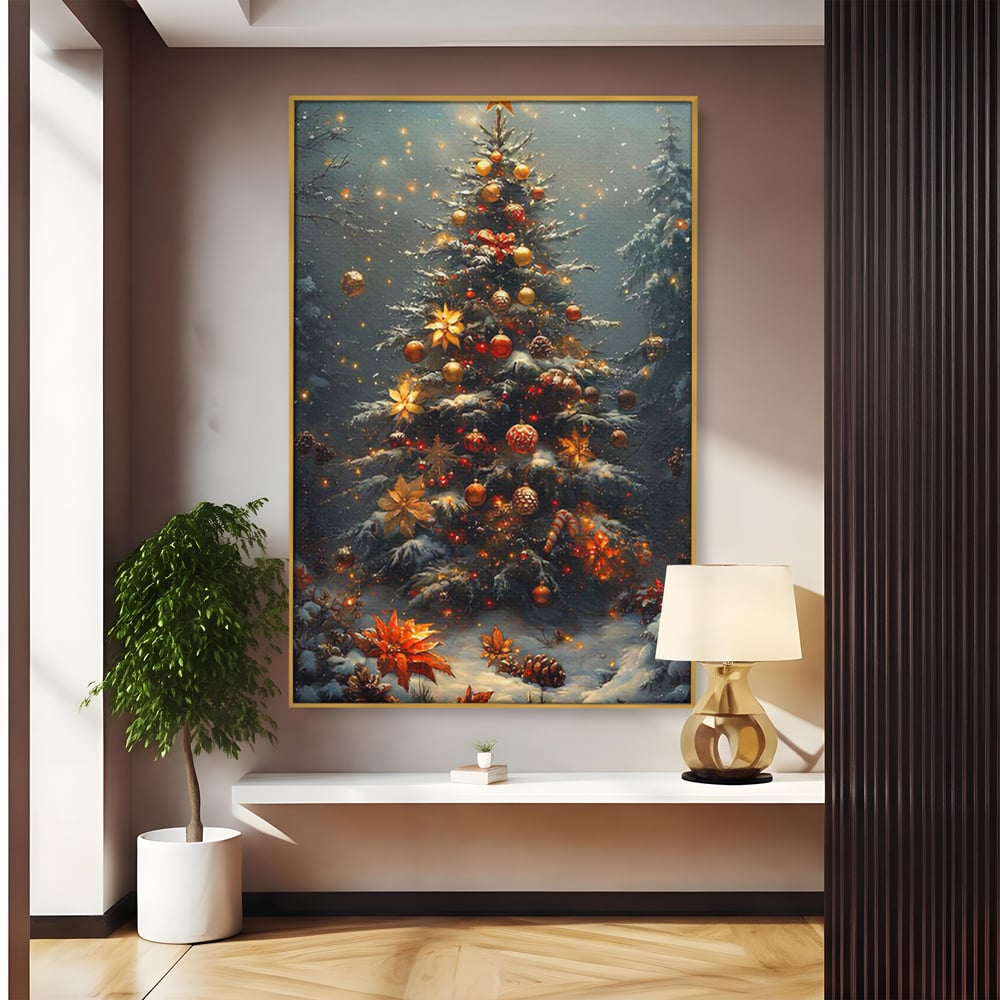 Tablou Canvas Premium, LuxCanva® D1132, Bradul Fermecat, Brad, Craciun, Luminite, Auriu, Decorat, Impodobit, Padure, Seara, Iarna, Festiv, Ninsoare, Living, Dormitor