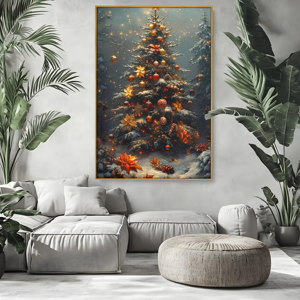 Tablou Canvas Premium, LuxCanva® D1132, Bradul Fermecat, Brad, Craciun, Luminite, Auriu, Decorat, Impodobit, Padure, Seara, Iarna, Festiv, Ninsoare, Living, Dormitor
