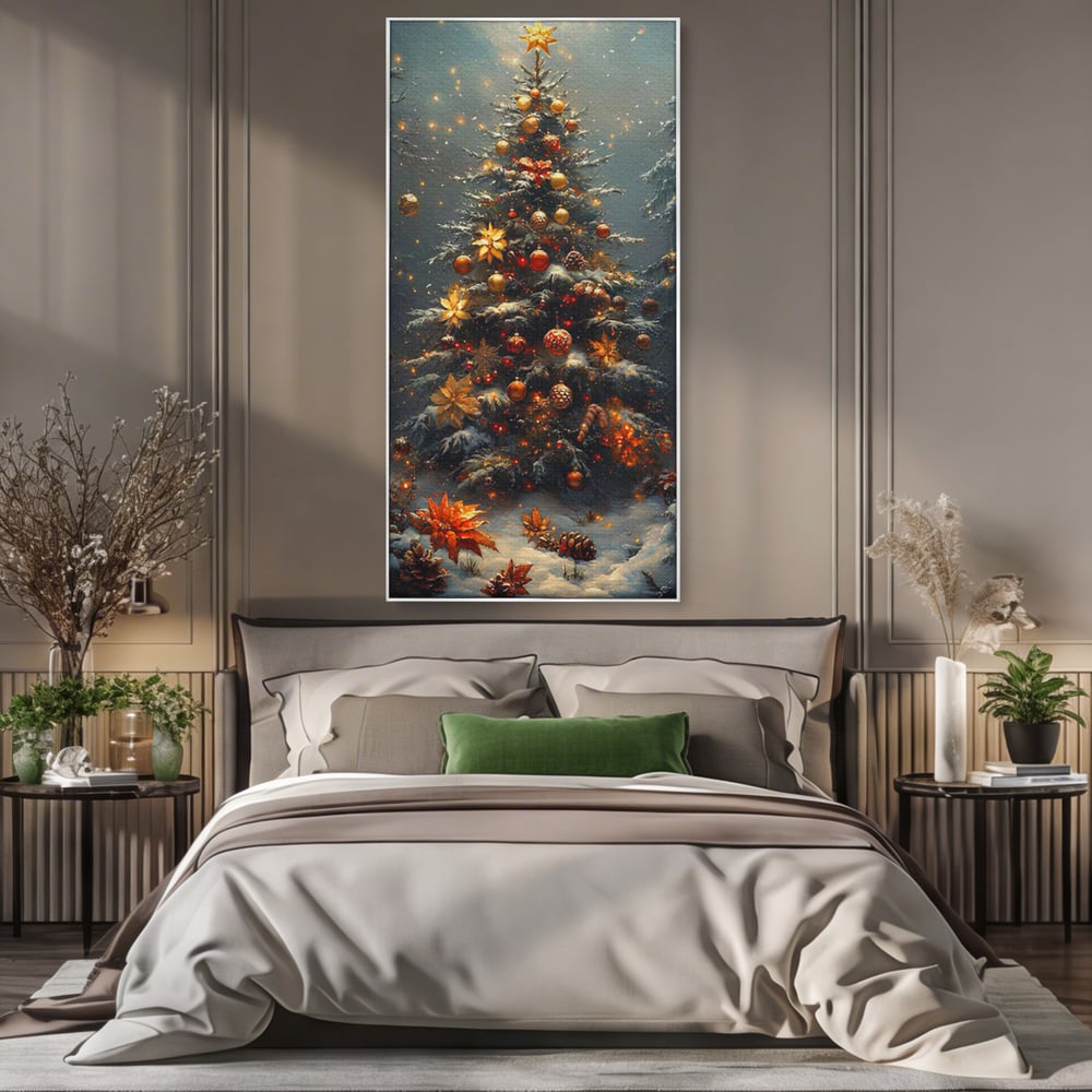 Tablou Canvas Premium, LuxCanva® D1132, Bradul Fermecat, Brad, Craciun, Luminite, Auriu, Decorat, Impodobit, Padure, Seara, Iarna, Festiv, Ninsoare, Living, Dormitor