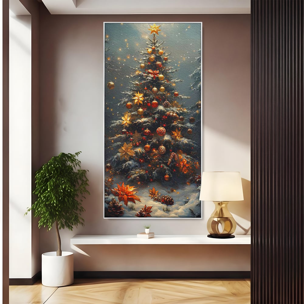 Tablou Canvas Premium, LuxCanva® D1132, Bradul Fermecat, Brad, Craciun, Luminite, Auriu, Decorat, Impodobit, Padure, Seara, Iarna, Festiv, Ninsoare, Living, Dormitor