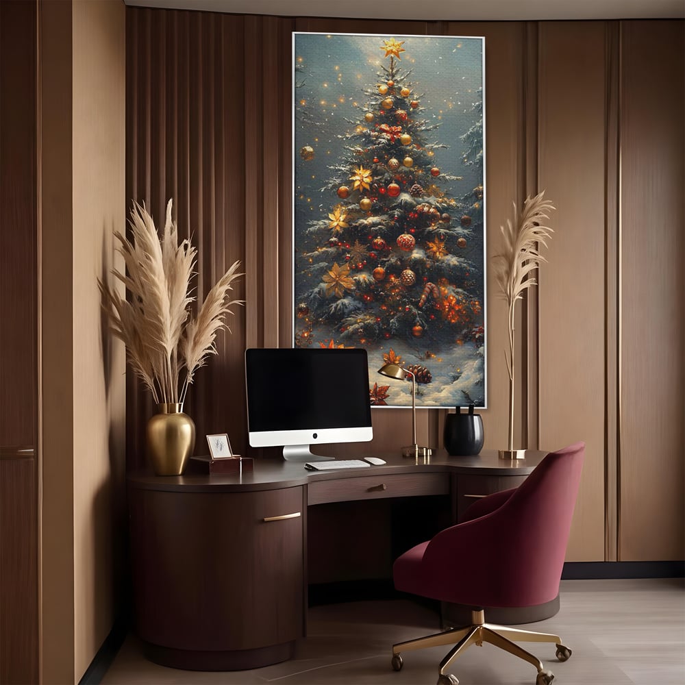 Tablou Canvas Premium, LuxCanva® D1132, Bradul Fermecat, Brad, Craciun, Luminite, Auriu, Decorat, Impodobit, Padure, Seara, Iarna, Festiv, Ninsoare, Living, Dormitor