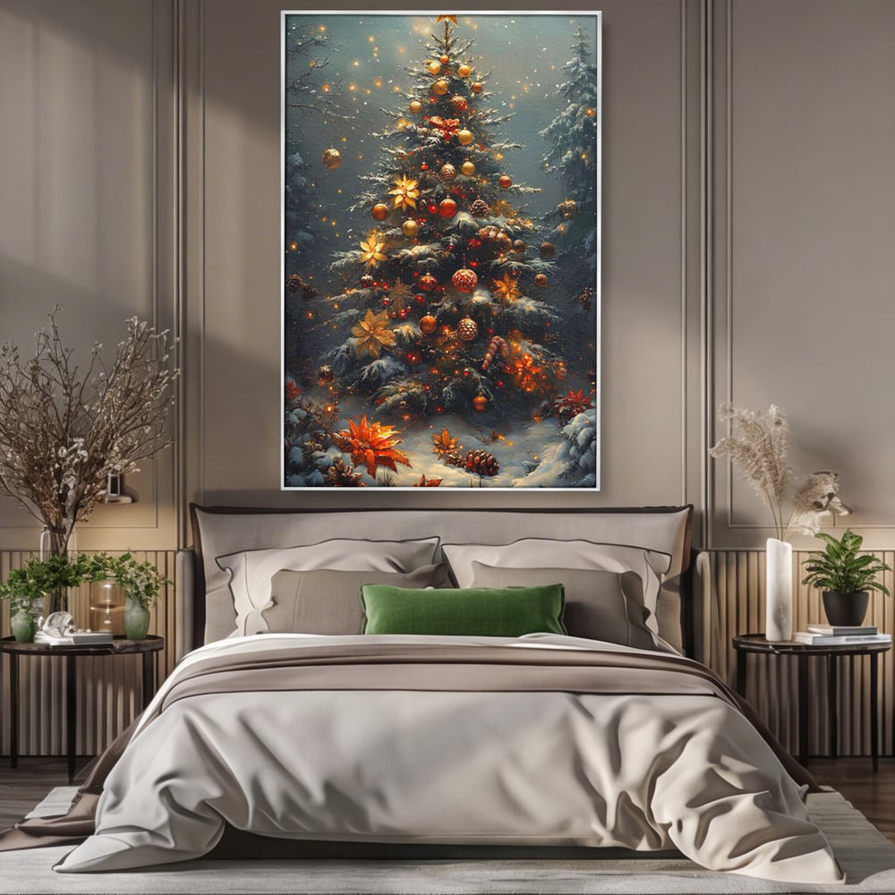 Tablou Canvas Premium, LuxCanva® D1132, Bradul Fermecat, Brad, Craciun, Luminite, Auriu, Decorat, Impodobit, Padure, Seara, Iarna, Festiv, Ninsoare, Living, Dormitor