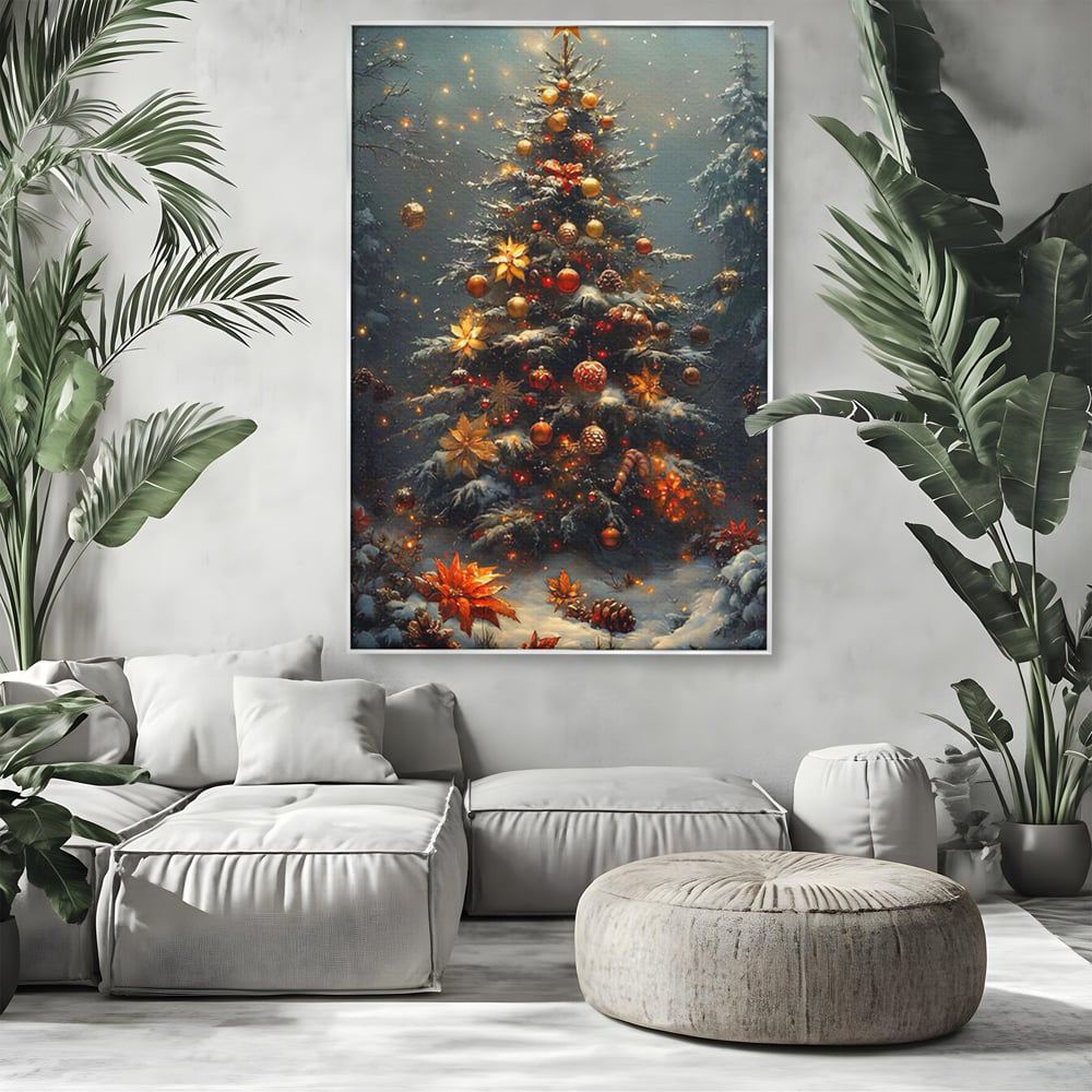 Tablou Canvas Premium, LuxCanva® D1132, Bradul Fermecat, Brad, Craciun, Luminite, Auriu, Decorat, Impodobit, Padure, Seara, Iarna, Festiv, Ninsoare, Living, Dormitor