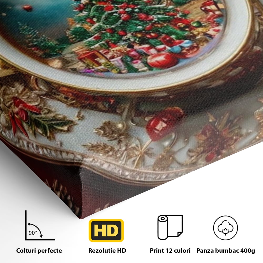 Tablou Canvas Premium, LuxCanva® D1134, Magie in ceasca, Miniatura, Boabe, Cafea, Ceasca, Farfurie, Ornament, Conuri, Brad, Crengute, Atmosfera, Calda, Craciun, Living, Dormitor
