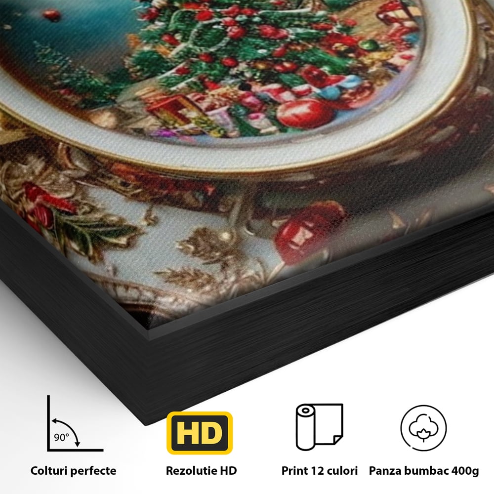 Tablou Canvas Premium, LuxCanva® D1134, Magie in ceasca, Miniatura, Boabe, Cafea, Ceasca, Farfurie, Ornament, Conuri, Brad, Crengute, Atmosfera, Calda, Craciun, Living, Dormitor