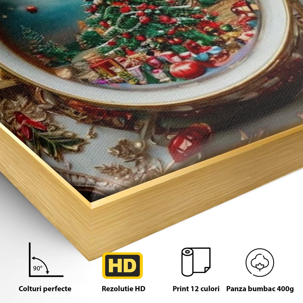 Tablou Canvas Premium, LuxCanva® D1134, Magie in ceasca, Miniatura, Boabe, Cafea, Ceasca, Farfurie, Ornament, Conuri, Brad, Crengute, Atmosfera, Calda, Craciun, Living, Dormitor