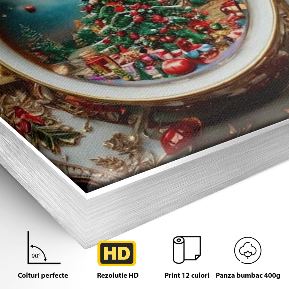 Tablou Canvas Premium, LuxCanva® D1134, Magie in ceasca, Miniatura, Boabe, Cafea, Ceasca, Farfurie, Ornament, Conuri, Brad, Crengute, Atmosfera, Calda, Craciun, Living, Dormitor