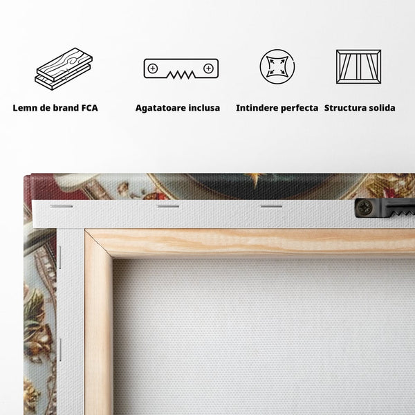 Tablou Canvas Premium, LuxCanva® D1134, Magie in ceasca, Miniatura, Boabe, Cafea, Ceasca, Farfurie, Ornament, Conuri, Brad, Crengute, Atmosfera, Calda, Craciun, Living, Dormitor