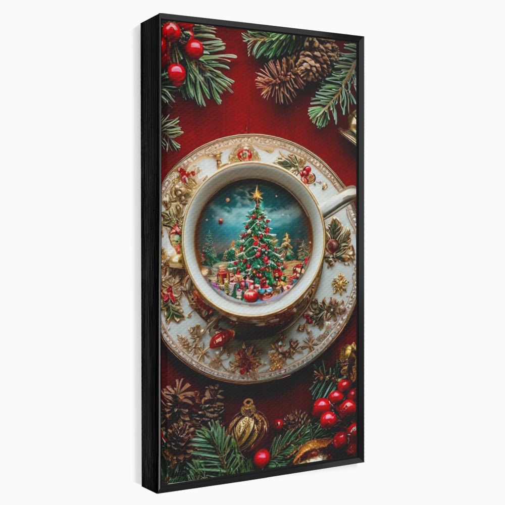 Tablou Canvas Premium, LuxCanva® D1134, Magie in ceasca, Miniatura, Boabe, Cafea, Ceasca, Farfurie, Ornament, Conuri, Brad, Crengute, Atmosfera, Calda, Craciun, Living, Dormitor