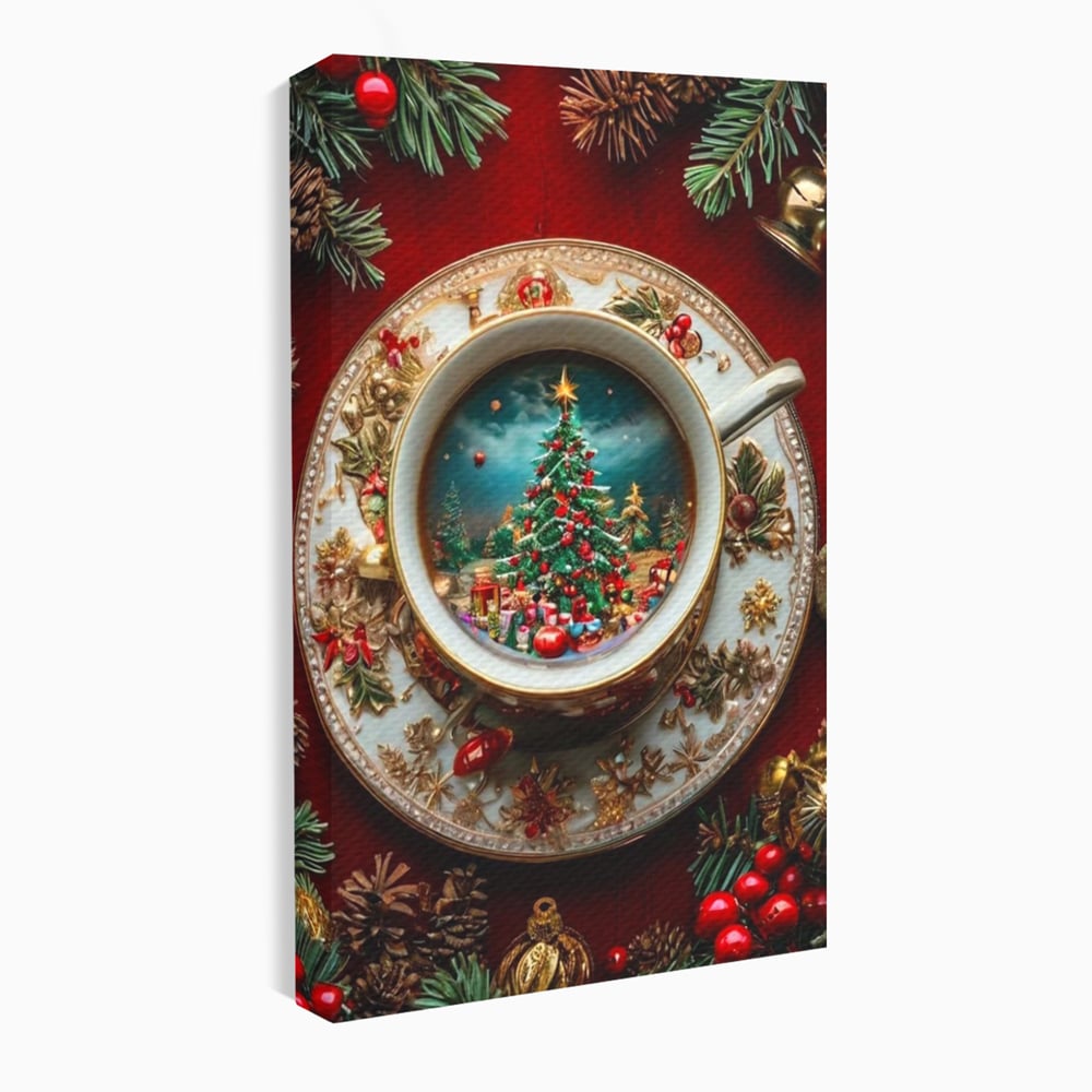 Tablou Canvas Premium, LuxCanva® D1134, Magie in ceasca, Miniatura, Boabe, Cafea, Ceasca, Farfurie, Ornament, Conuri, Brad, Crengute, Atmosfera, Calda, Craciun, Living, Dormitor