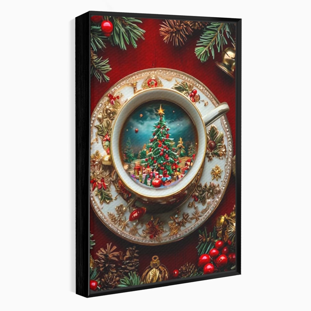 Tablou Canvas Premium, LuxCanva® D1134, Magie in ceasca, Miniatura, Boabe, Cafea, Ceasca, Farfurie, Ornament, Conuri, Brad, Crengute, Atmosfera, Calda, Craciun, Living, Dormitor