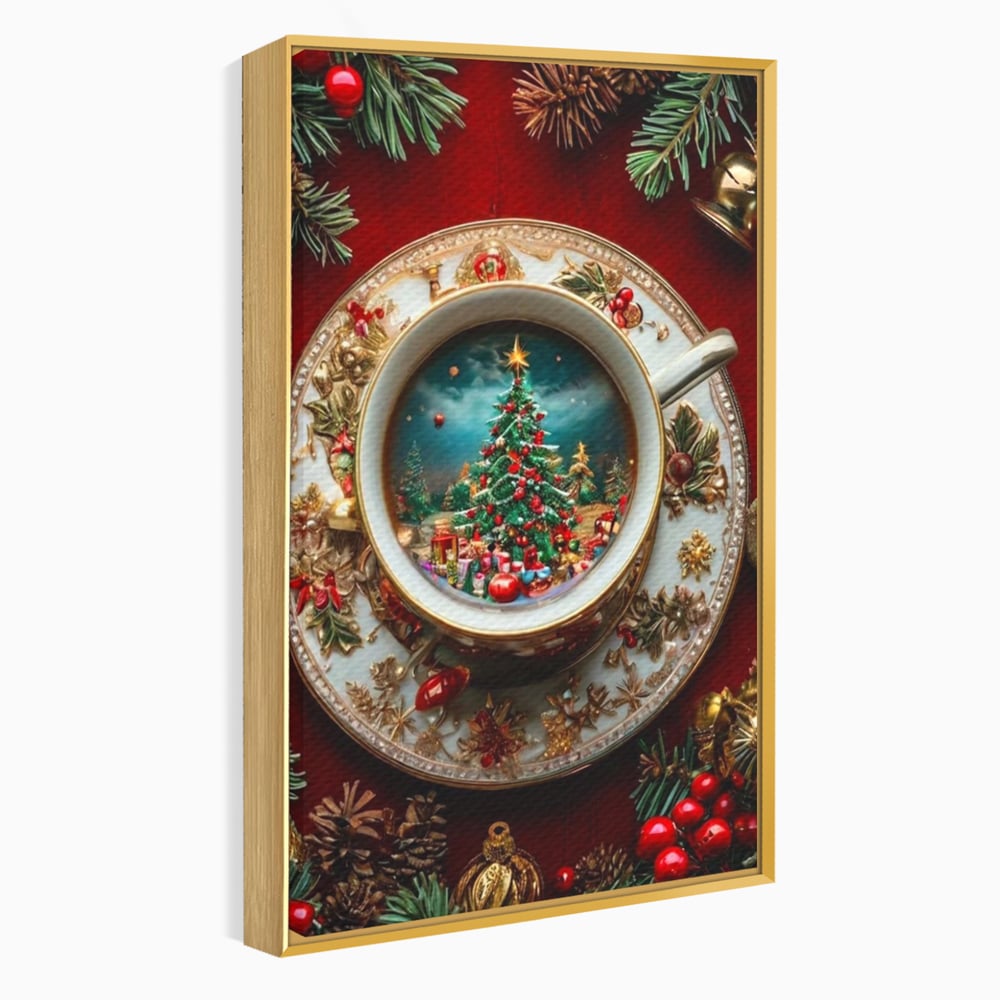 Tablou Canvas Premium, LuxCanva® D1134, Magie in ceasca, Miniatura, Boabe, Cafea, Ceasca, Farfurie, Ornament, Conuri, Brad, Crengute, Atmosfera, Calda, Craciun, Living, Dormitor