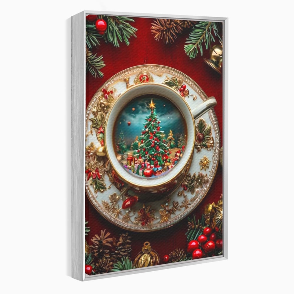Tablou Canvas Premium, LuxCanva® D1134, Magie in ceasca, Miniatura, Boabe, Cafea, Ceasca, Farfurie, Ornament, Conuri, Brad, Crengute, Atmosfera, Calda, Craciun, Living, Dormitor
