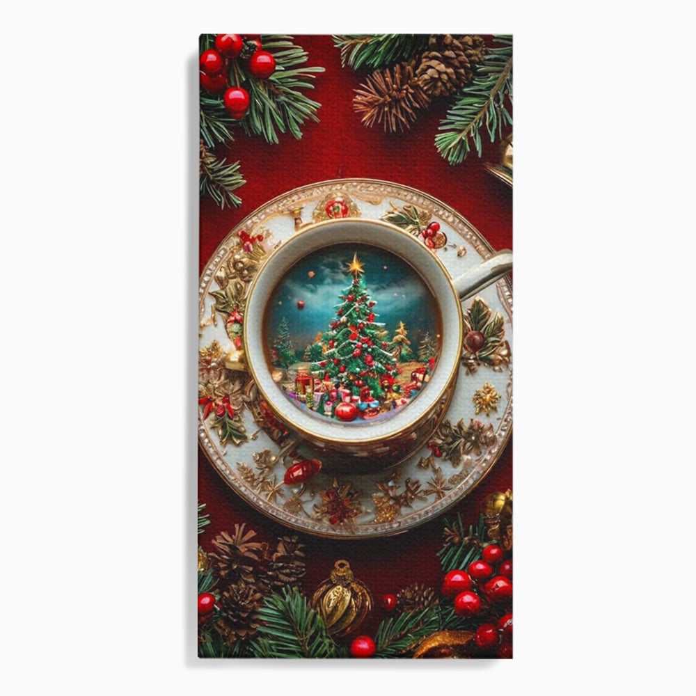 Tablou Canvas Premium, LuxCanva® D1134, Magie in ceasca, Miniatura, Boabe, Cafea, Ceasca, Farfurie, Ornament, Conuri, Brad, Crengute, Atmosfera, Calda, Craciun, Living, Dormitor