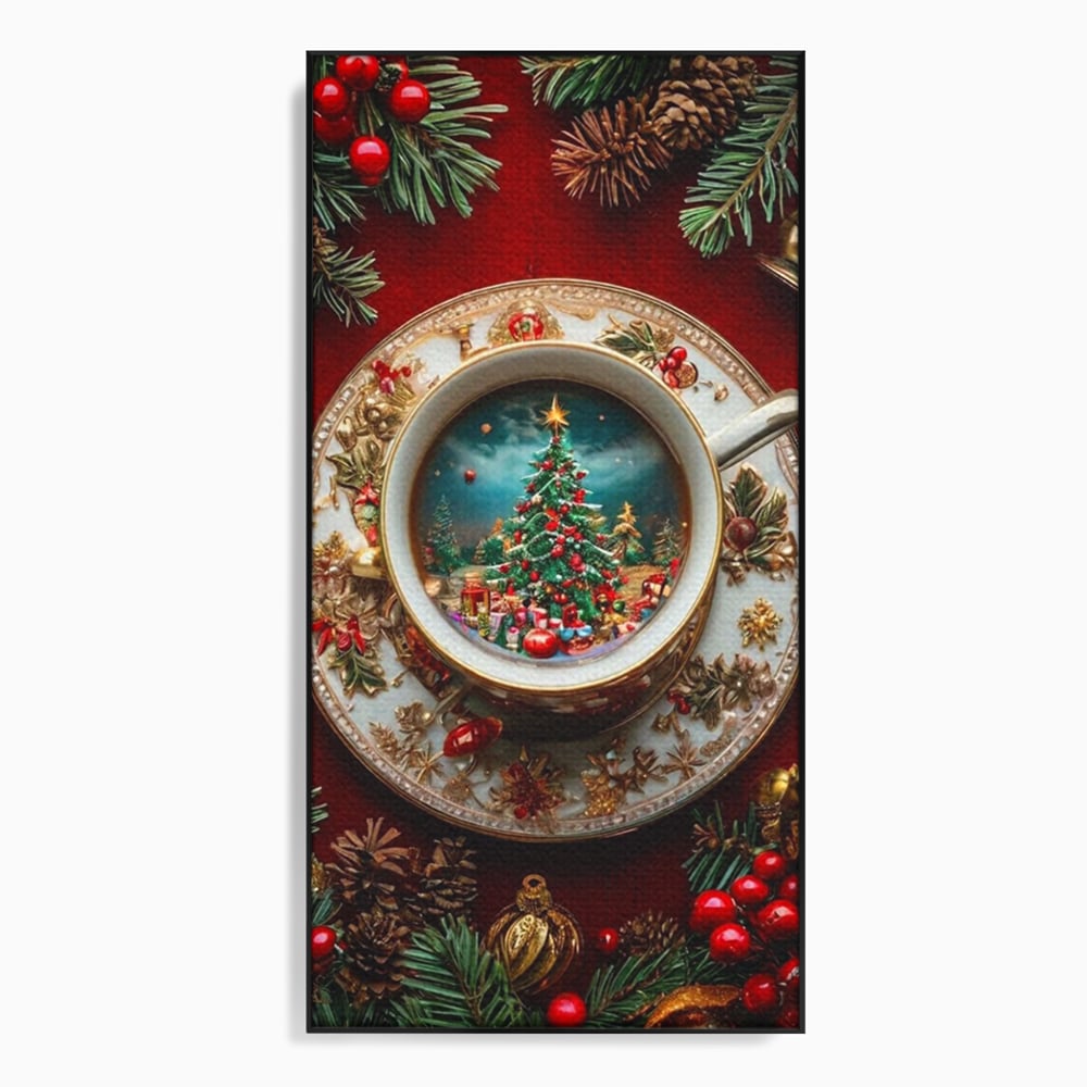 Tablou Canvas Premium, LuxCanva® D1134, Magie in ceasca, Miniatura, Boabe, Cafea, Ceasca, Farfurie, Ornament, Conuri, Brad, Crengute, Atmosfera, Calda, Craciun, Living, Dormitor