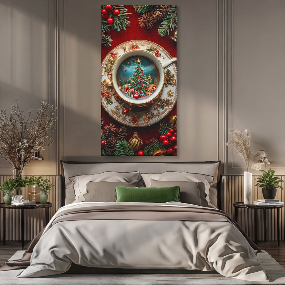 Tablou Canvas Premium, LuxCanva® D1134, Magie in ceasca, Miniatura, Boabe, Cafea, Ceasca, Farfurie, Ornament, Conuri, Brad, Crengute, Atmosfera, Calda, Craciun, Living, Dormitor
