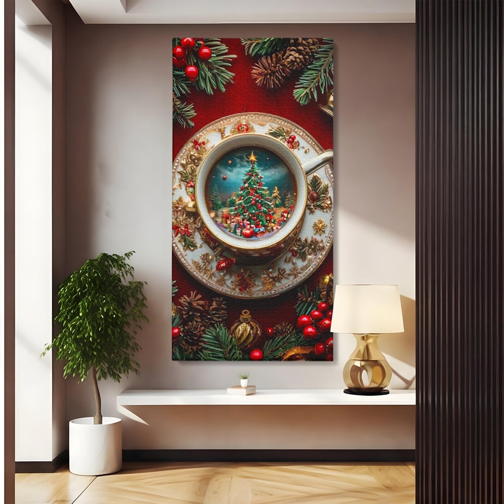 Tablou Canvas Premium, LuxCanva® D1134, Magie in ceasca, Miniatura, Boabe, Cafea, Ceasca, Farfurie, Ornament, Conuri, Brad, Crengute, Atmosfera, Calda, Craciun, Living, Dormitor