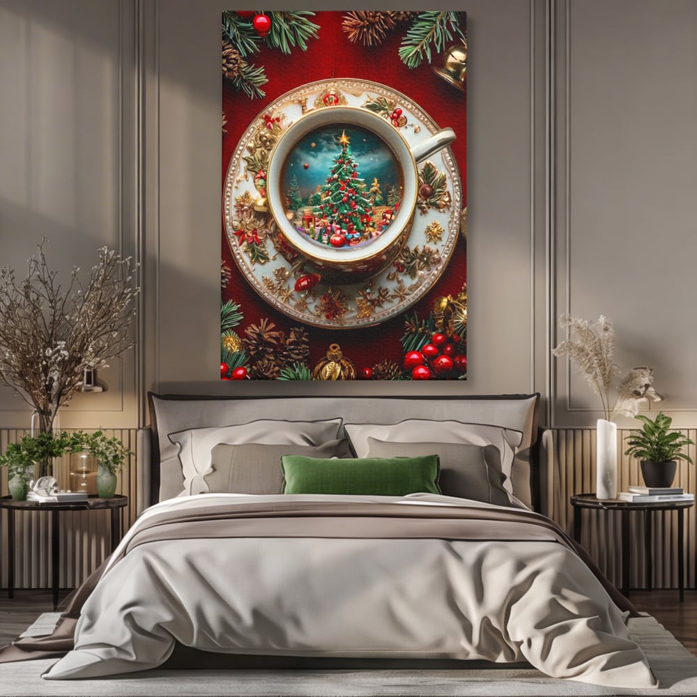 Tablou Canvas Premium, LuxCanva® D1134, Magie in ceasca, Miniatura, Boabe, Cafea, Ceasca, Farfurie, Ornament, Conuri, Brad, Crengute, Atmosfera, Calda, Craciun, Living, Dormitor