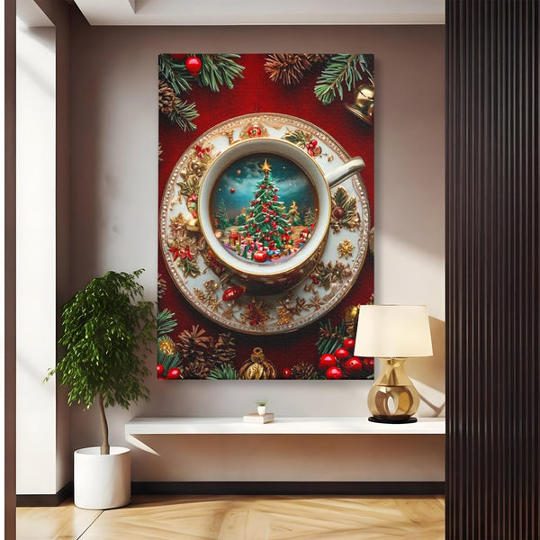Tablou Canvas Premium, LuxCanva® D1134, Magie in ceasca, Miniatura, Boabe, Cafea, Ceasca, Farfurie, Ornament, Conuri, Brad, Crengute, Atmosfera, Calda, Craciun, Living, Dormitor