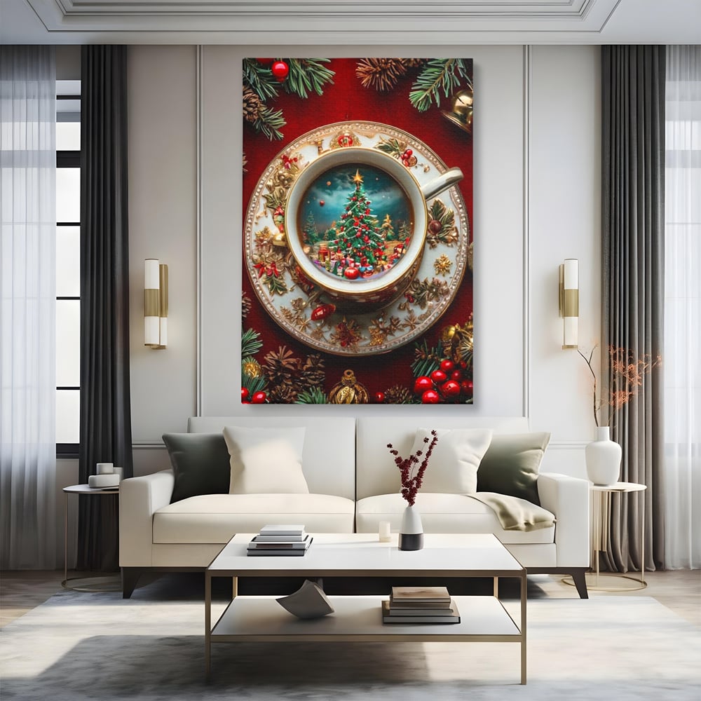 Tablou Canvas Premium, LuxCanva® D1134, Magie in ceasca, Miniatura, Boabe, Cafea, Ceasca, Farfurie, Ornament, Conuri, Brad, Crengute, Atmosfera, Calda, Craciun, Living, Dormitor