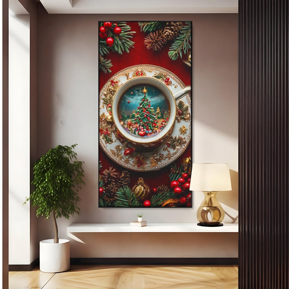 Tablou Canvas Premium, LuxCanva® D1134, Magie in ceasca, Miniatura, Boabe, Cafea, Ceasca, Farfurie, Ornament, Conuri, Brad, Crengute, Atmosfera, Calda, Craciun, Living, Dormitor