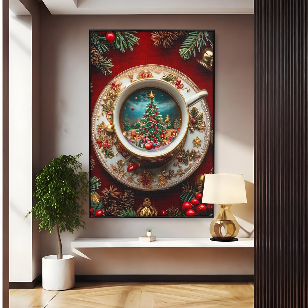 Tablou Canvas Premium, LuxCanva® D1134, Magie in ceasca, Miniatura, Boabe, Cafea, Ceasca, Farfurie, Ornament, Conuri, Brad, Crengute, Atmosfera, Calda, Craciun, Living, Dormitor