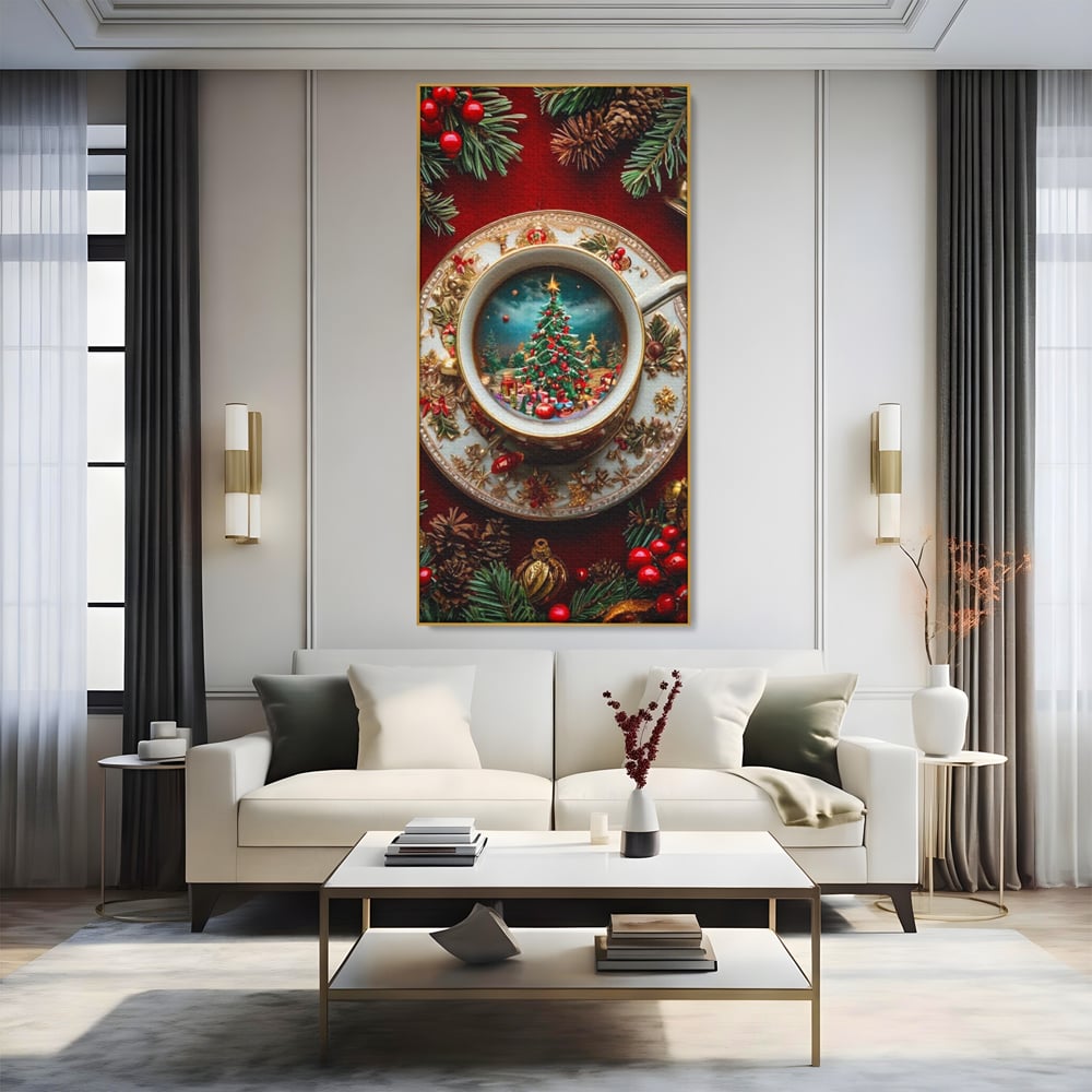 Tablou Canvas Premium, LuxCanva® D1134, Magie in ceasca, Miniatura, Boabe, Cafea, Ceasca, Farfurie, Ornament, Conuri, Brad, Crengute, Atmosfera, Calda, Craciun, Living, Dormitor