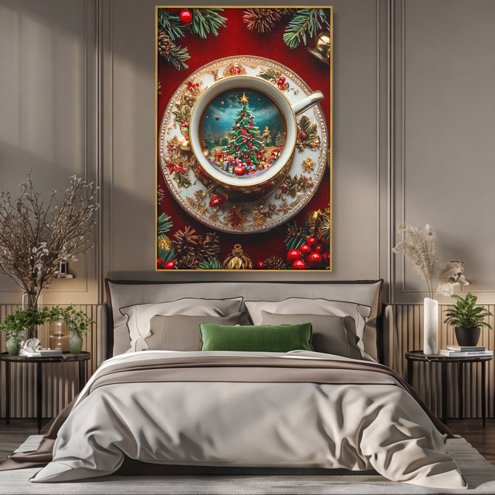 Tablou Canvas Premium, LuxCanva® D1134, Magie in ceasca, Miniatura, Boabe, Cafea, Ceasca, Farfurie, Ornament, Conuri, Brad, Crengute, Atmosfera, Calda, Craciun, Living, Dormitor