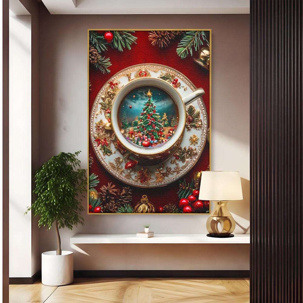 Tablou Canvas Premium, LuxCanva® D1134, Magie in ceasca, Miniatura, Boabe, Cafea, Ceasca, Farfurie, Ornament, Conuri, Brad, Crengute, Atmosfera, Calda, Craciun, Living, Dormitor
