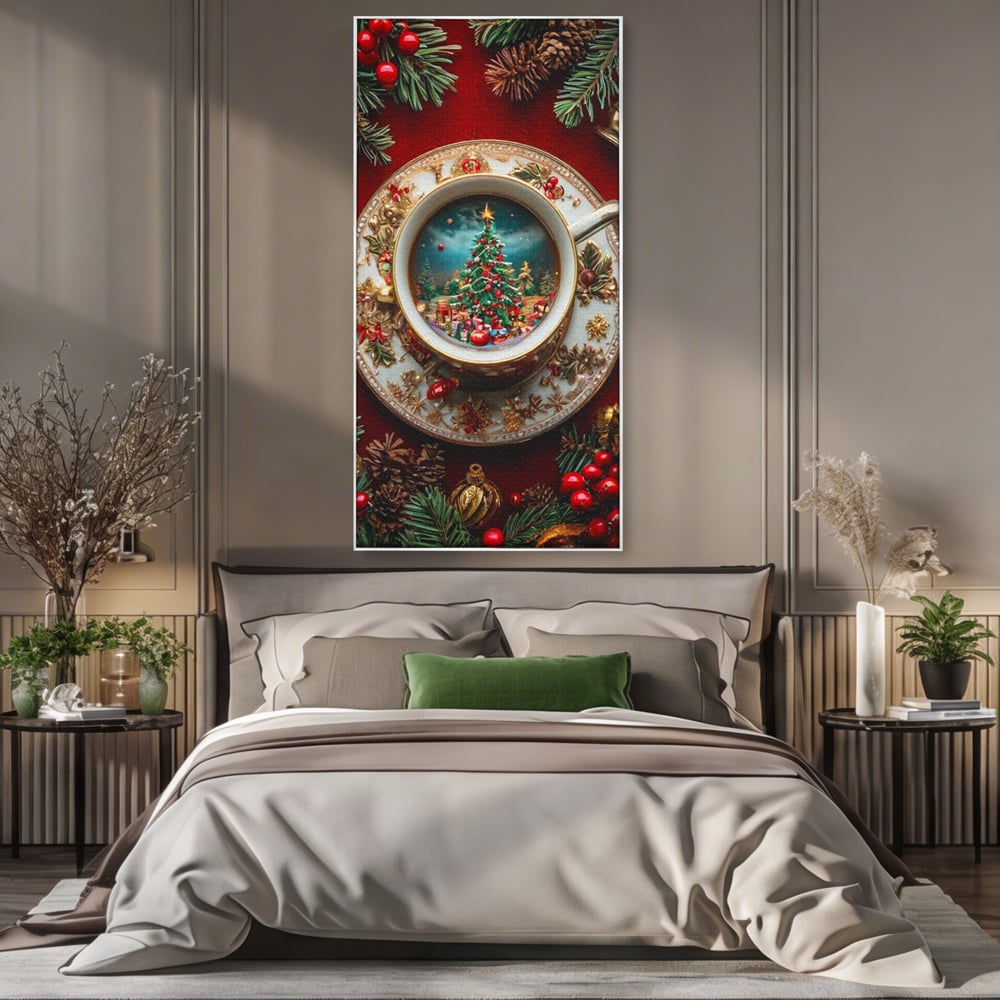 Tablou Canvas Premium, LuxCanva® D1134, Magie in ceasca, Miniatura, Boabe, Cafea, Ceasca, Farfurie, Ornament, Conuri, Brad, Crengute, Atmosfera, Calda, Craciun, Living, Dormitor