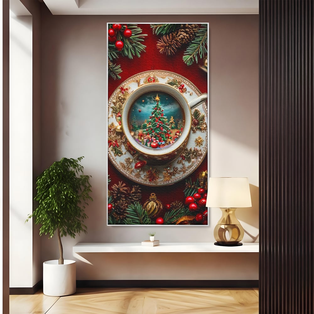 Tablou Canvas Premium, LuxCanva® D1134, Magie in ceasca, Miniatura, Boabe, Cafea, Ceasca, Farfurie, Ornament, Conuri, Brad, Crengute, Atmosfera, Calda, Craciun, Living, Dormitor