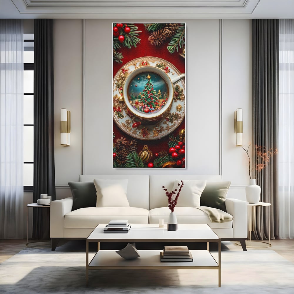 Tablou Canvas Premium, LuxCanva® D1134, Magie in ceasca, Miniatura, Boabe, Cafea, Ceasca, Farfurie, Ornament, Conuri, Brad, Crengute, Atmosfera, Calda, Craciun, Living, Dormitor